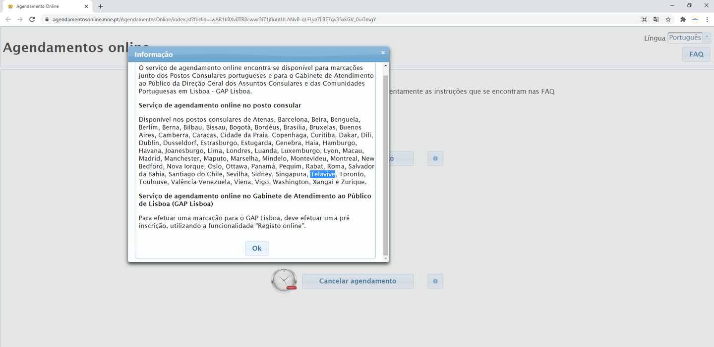 Screenshot of the Portuguese consulate's Agendamentos online appointment system — the information window (Informação) shown before booking starts