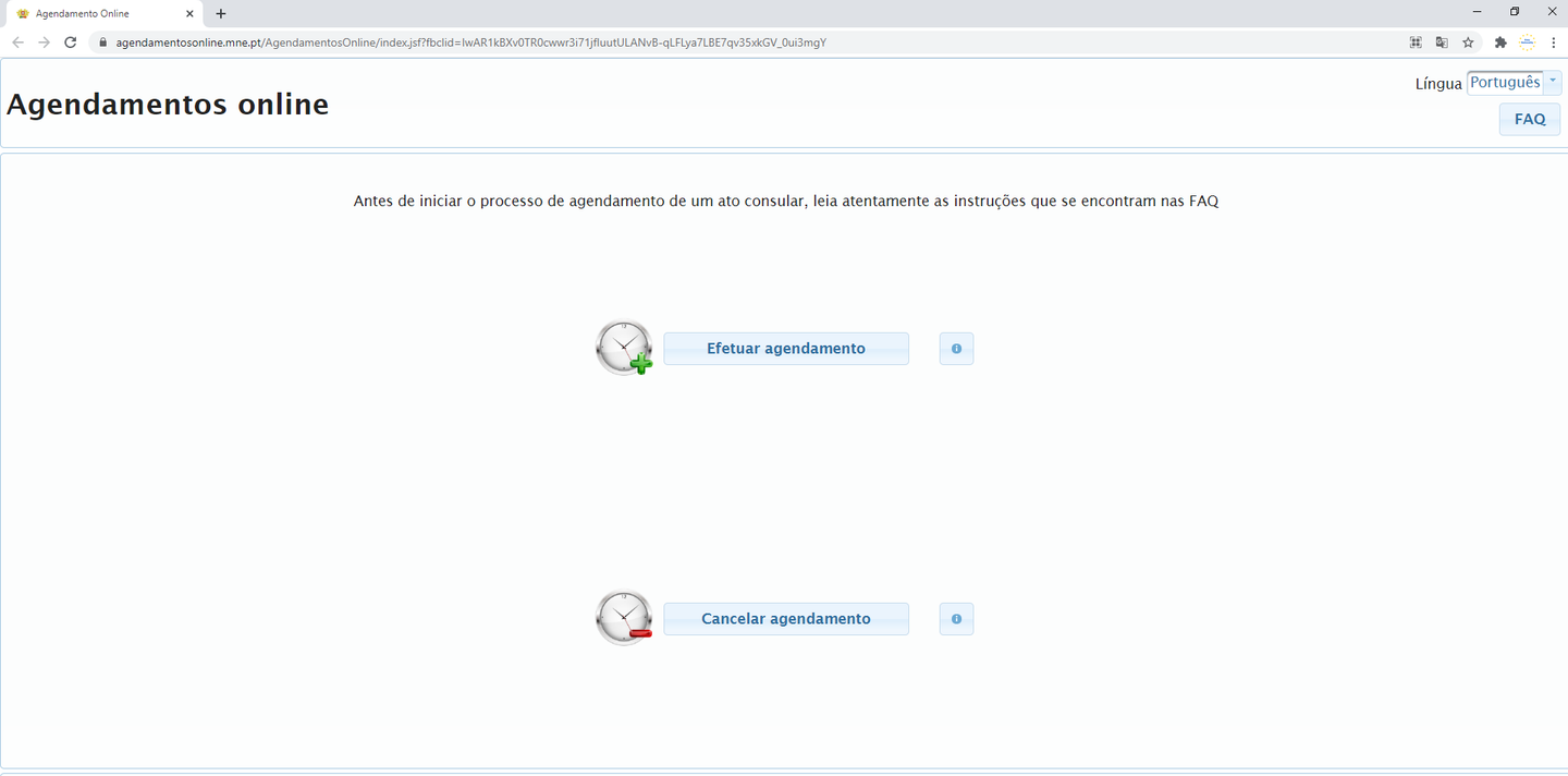 Screenshot — the choice screen of Agendamentos online: Efetuar agendamento (book an appointment) or Consultar agendamento (check an appointment)