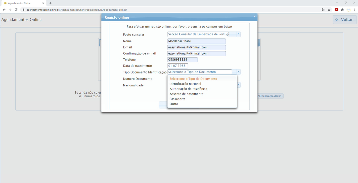Screenshot — choosing the subject of the appointment from a drop-down list in Agendamentos online