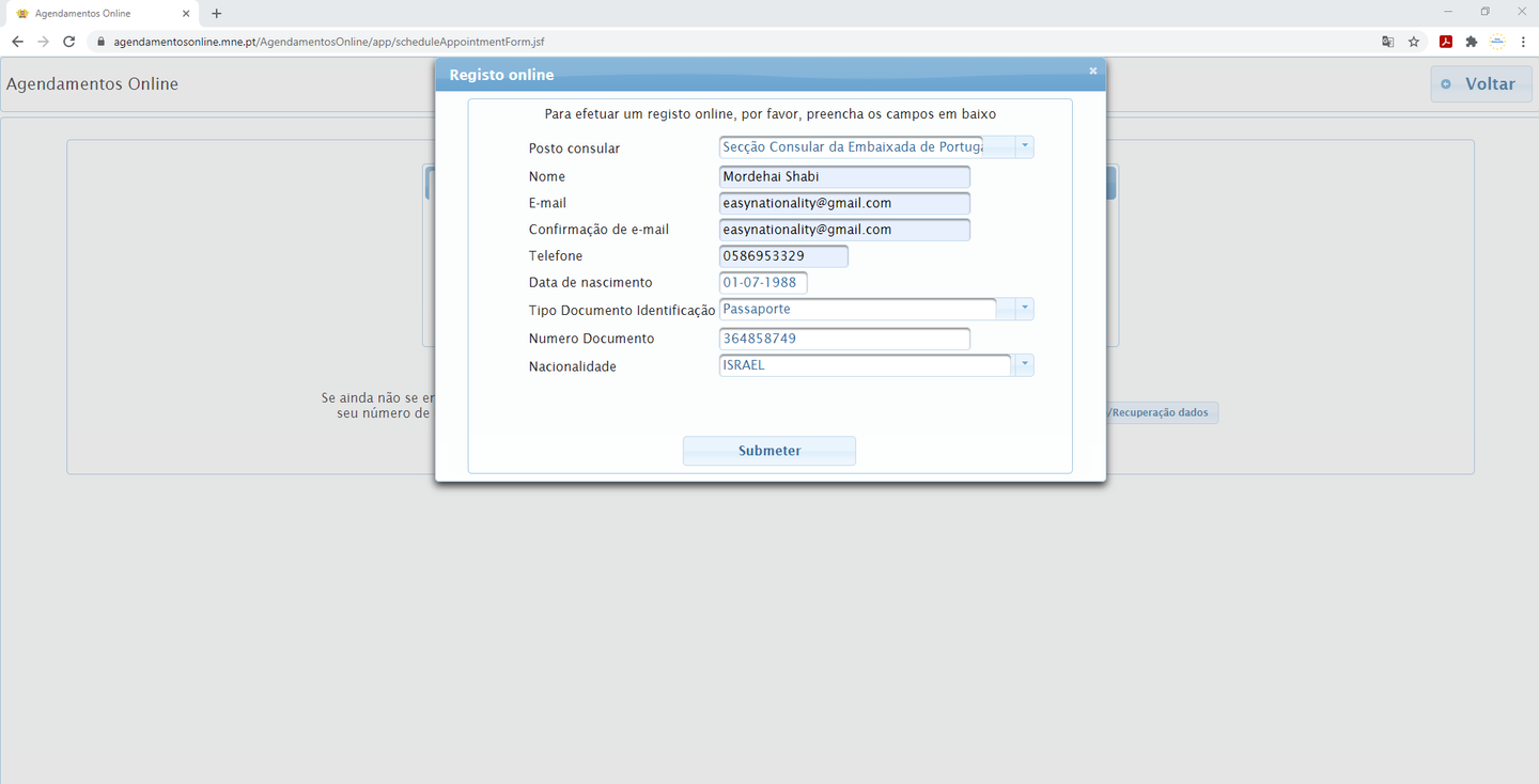 Screenshot — the Agendamentos online registration form with every field filled in, before confirmation