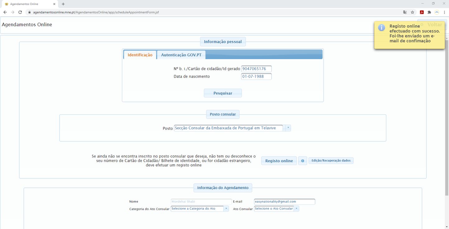 Screenshot — the registration confirmation message of the appointment system, asking to check your e-mail