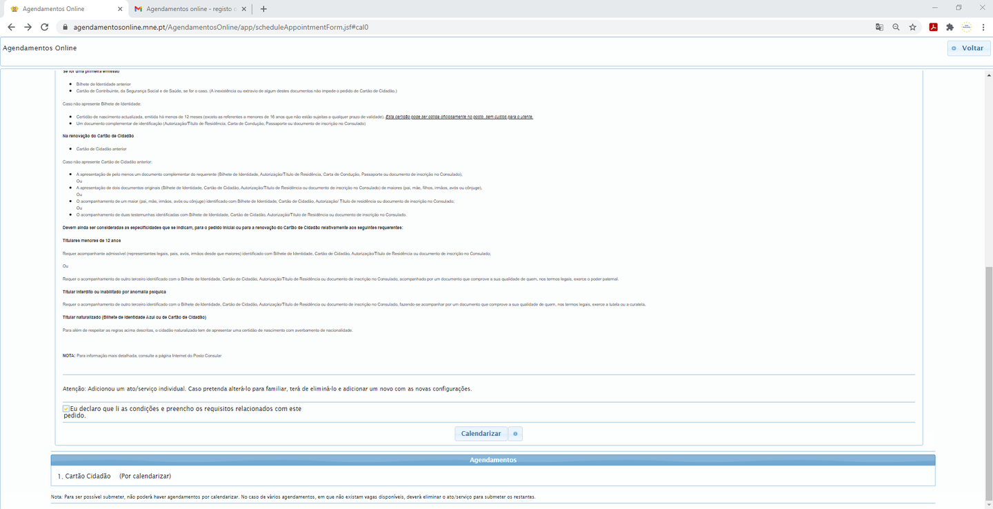 Screenshot — the list of available appointment dates at the consulate in Agendamentos online