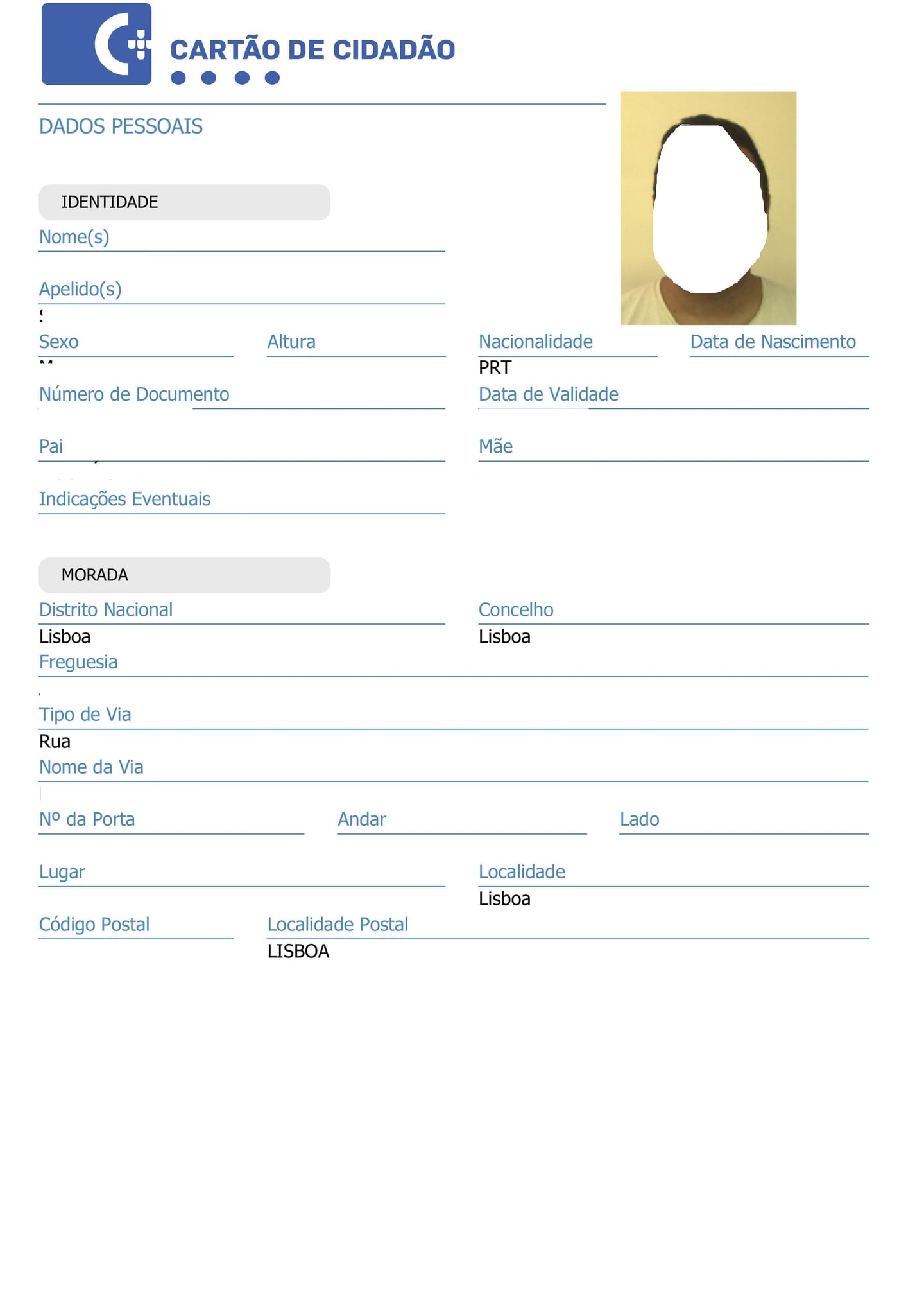 Form for registering and updating a residential address in Portugal (Cartão de Cidadão), with fields to fill in and a space for a photo