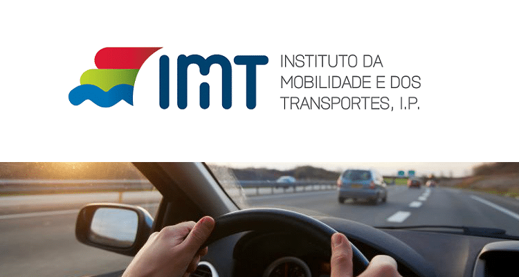The IMT logo (Instituto da Mobilidade e dos Transportes) above a photo of hands on a steering wheel while driving on a road