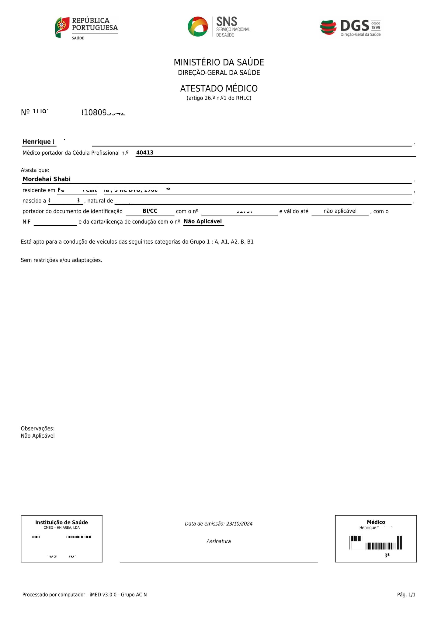 Medical examination certificate form (Atestado Médico) of the Portuguese health ministry, required for a driving licence at the IMT