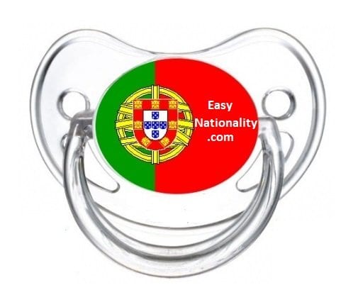 A baby pacifier with the Portuguese flag and the words Easy Nationality.com — illustration for Portuguese citizenship for minors