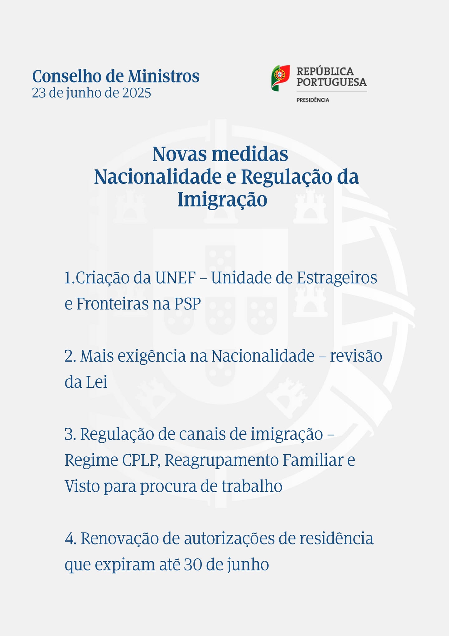 The first page of the Portuguese Council of Ministers document of 23 June 2025 — Novas medidas Nacionalidade e Regulação da Imigração (new measures on nationality and the regulation of immigration)