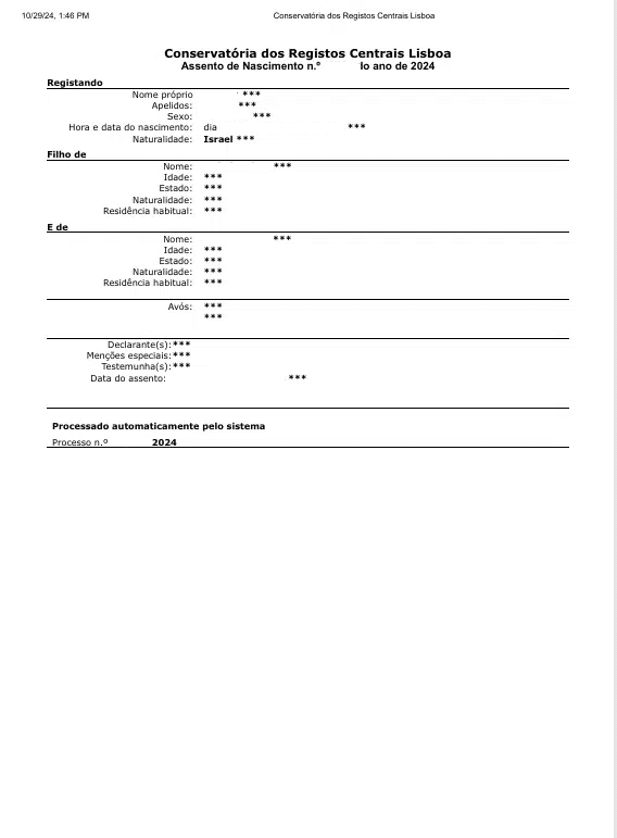 Sample of a Portuguese birth certificate (Conservatória dos Registos Centrais) — the printed form with the registration fields