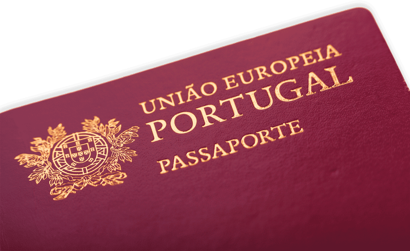 Close-up of a burgundy Portuguese passport cover with its gold-foil lettering — União Europeia, Portugal, Passaporte — and the national coat of arms